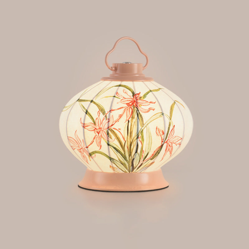 Pantalla de lámpara portátil de imitación de seda con pintura de bola redonda china tradicional Hardware 1 - Lámpara de mesa para sala de estar 
