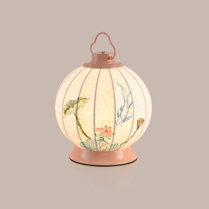 Pantalla de lámpara portátil de imitación de seda con pintura de bola redonda china tradicional Hardware 1 - Lámpara de mesa para sala de estar 