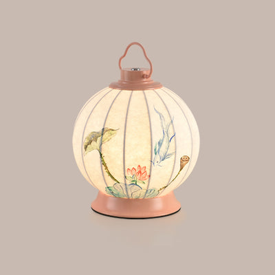 Pantalla de lámpara portátil de imitación de seda con pintura de bola redonda china tradicional Hardware 1 - Lámpara de mesa para sala de estar 