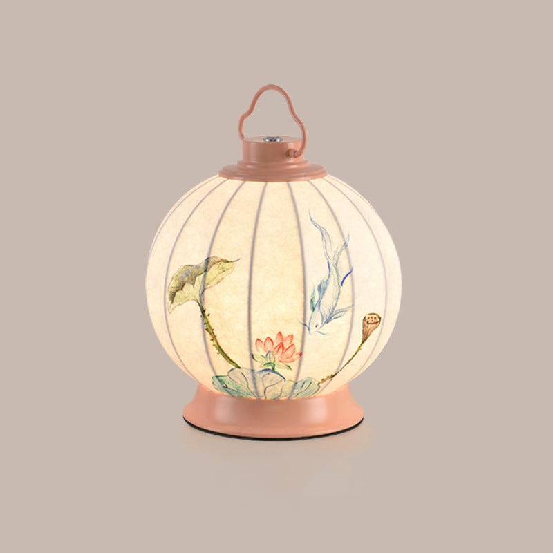 Pantalla de lámpara portátil de imitación de seda con pintura de bola redonda china tradicional Hardware 1 - Lámpara de mesa para sala de estar 