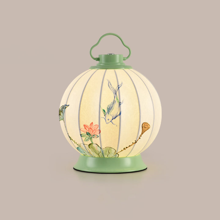 Pantalla de lámpara portátil de imitación de seda con pintura de bola redonda china tradicional Hardware 1 - Lámpara de mesa para sala de estar 