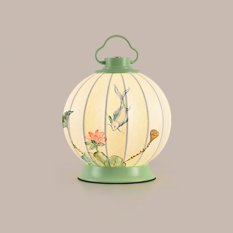 Pantalla de lámpara portátil de imitación de seda con pintura de bola redonda china tradicional Hardware 1 - Lámpara de mesa para sala de estar 