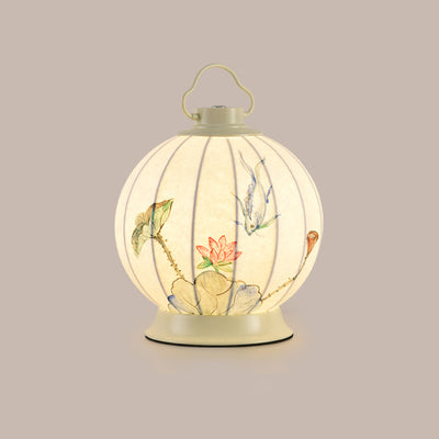 Pantalla de lámpara portátil de imitación de seda con pintura de bola redonda china tradicional Hardware 1 - Lámpara de mesa para sala de estar 