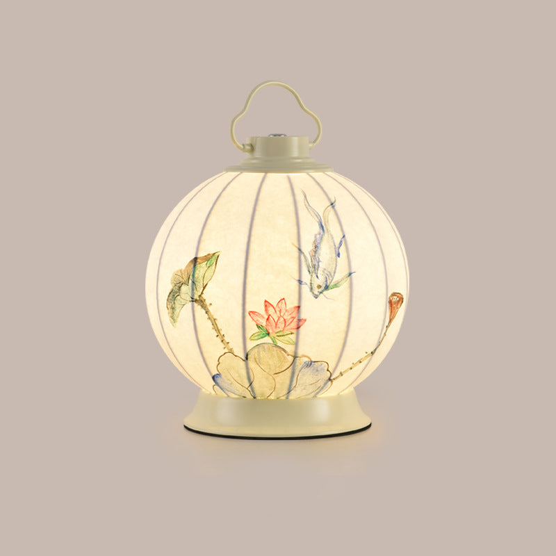 Pantalla de lámpara portátil de imitación de seda con pintura de bola redonda china tradicional Hardware 1 - Lámpara de mesa para sala de estar 