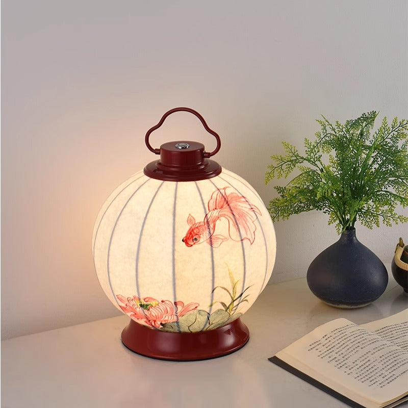 Lampe de table à 1 lumière en matériel avec abat-jour en imitation soie, poisson rouge rond traditionnel chinois, kaki portable, pour salon 