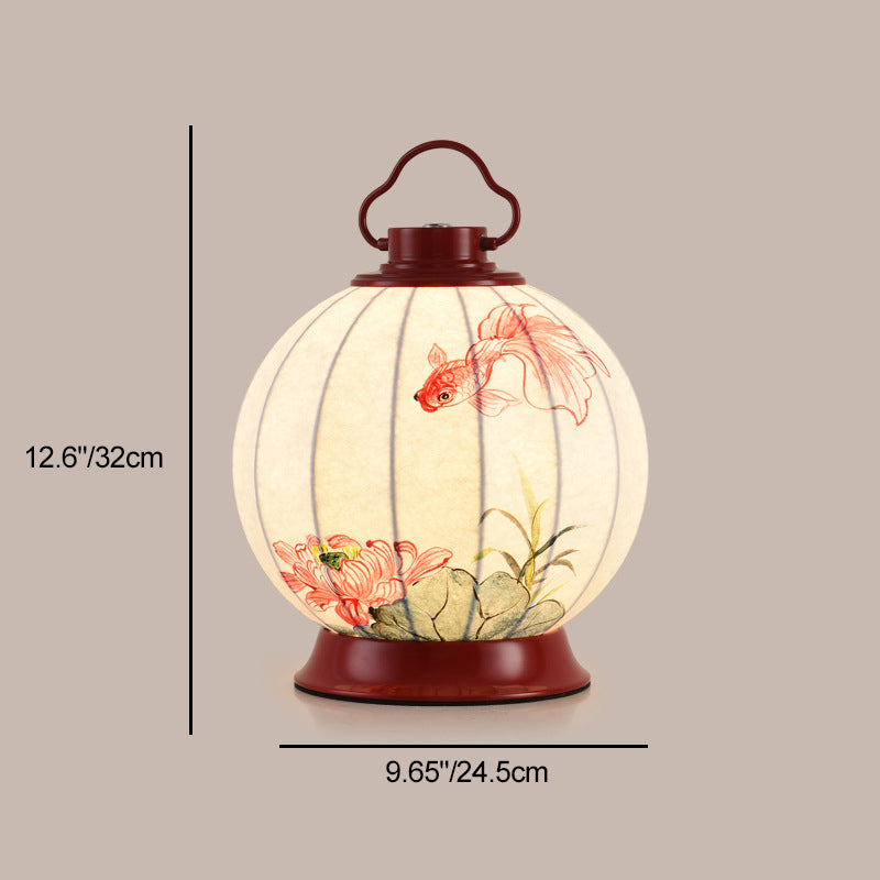 Lampe de table à 1 lumière en matériel avec abat-jour en imitation soie, poisson rouge rond traditionnel chinois, kaki portable, pour salon 