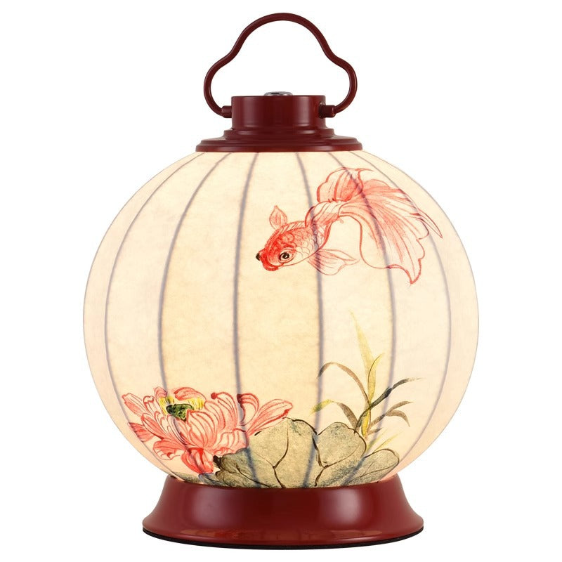 Lampe de table à 1 lumière en matériel avec abat-jour en imitation soie, poisson rouge rond traditionnel chinois, kaki portable, pour salon 
