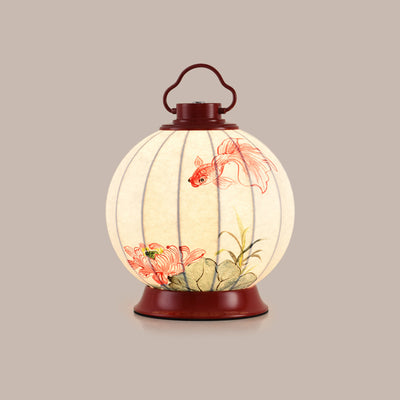 Lampe de table à 1 lumière en matériel avec abat-jour en imitation soie, poisson rouge rond traditionnel chinois, kaki portable, pour salon 