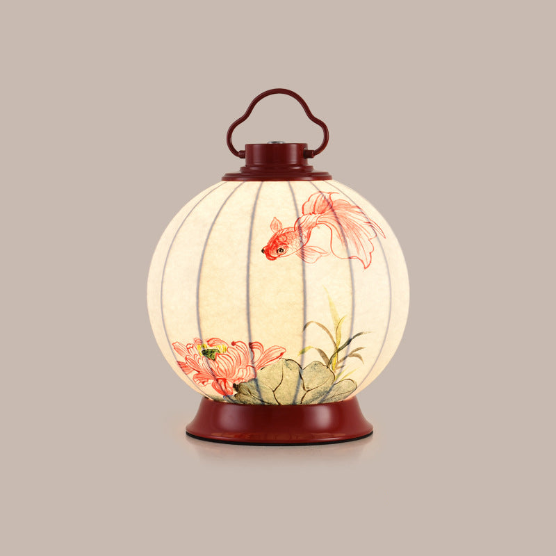 Lampe de table à 1 lumière en matériel avec abat-jour en imitation soie, poisson rouge rond traditionnel chinois, kaki portable, pour salon 