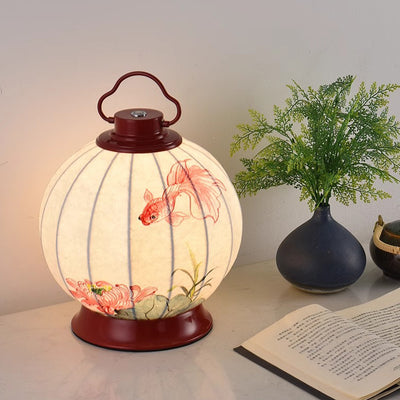 Lampe de table à 1 lumière en matériel avec abat-jour en imitation soie, poisson rouge rond traditionnel chinois, kaki portable, pour salon 