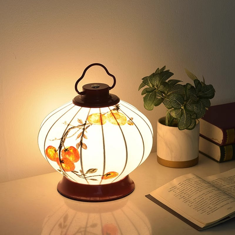 Lampe de table à 1 lumière en matériel avec abat-jour en imitation soie, poisson rouge rond traditionnel chinois, kaki portable, pour salon 