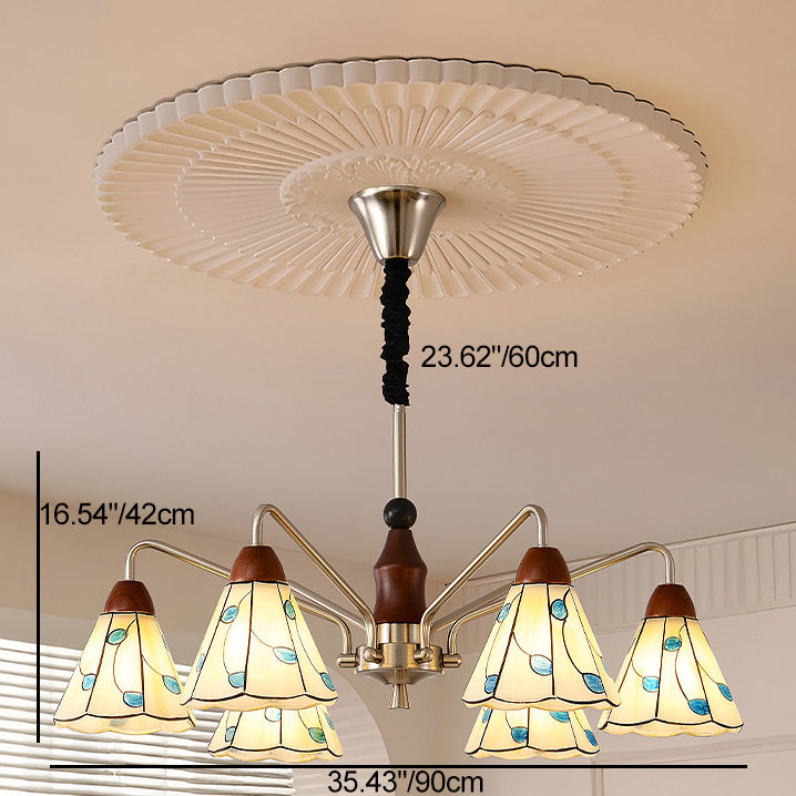 Traditionelle französische Kegellamellenmuster-Glaslampe aus Eisen und Massivholz 6/8 - Licht Kronleuchter für Wohnzimmer 