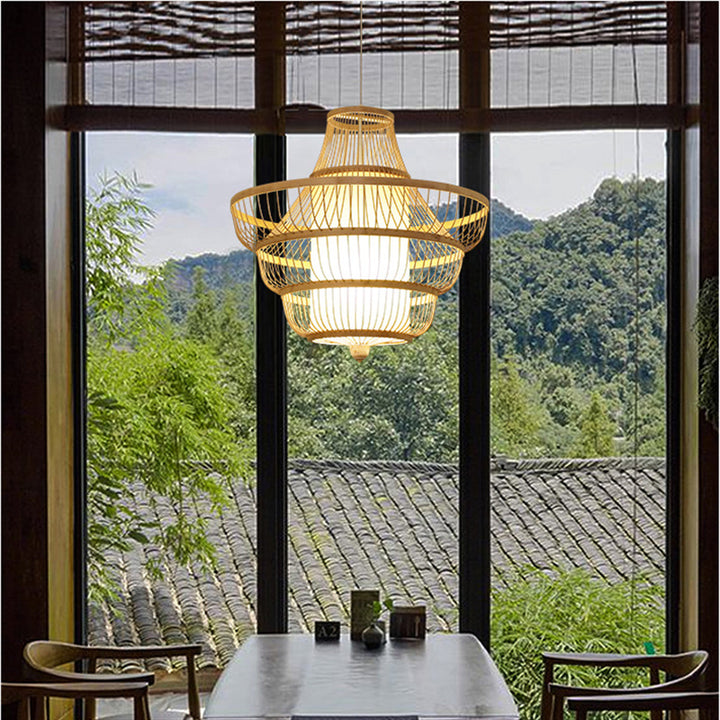 Traditionelle chinesische Kuppel-Gyro-Form Bambus Imitation Pergamentpapier Lampenschirm 1 - Licht Kronleuchter für Esszimmer 