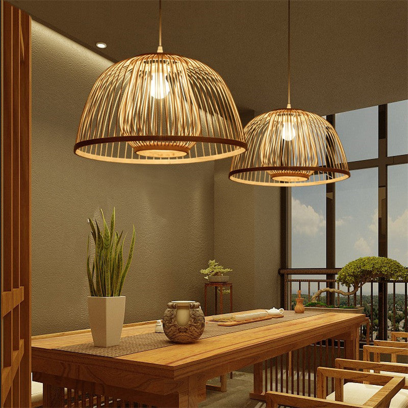 Traditional Japanese Dome Semicircle Bamboo Lampshade 1 - Light Chandelier For Dining Room