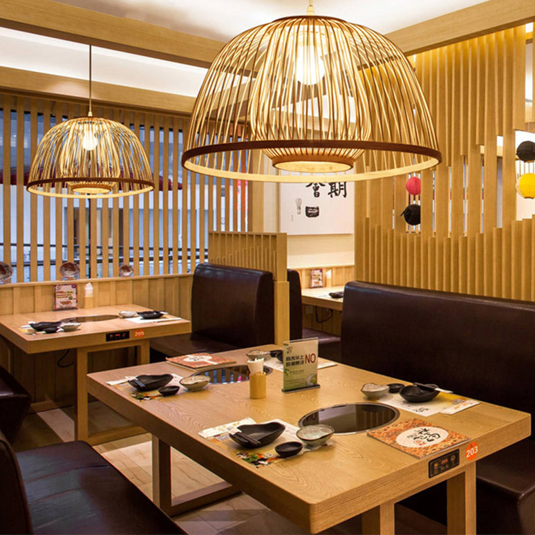 Traditional Japanese Dome Semicircle Bamboo Lampshade 1 - Light Chandelier For Dining Room