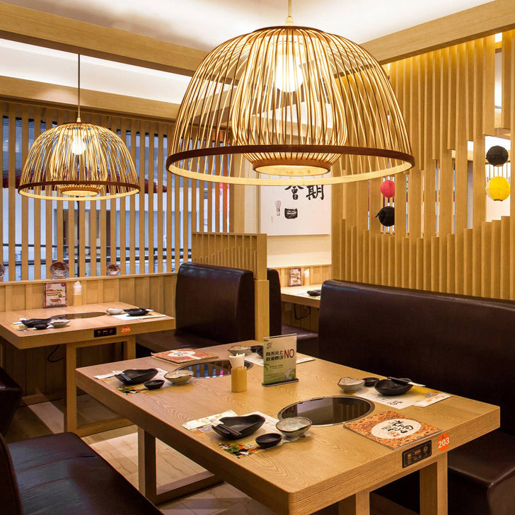 Traditional Japanese Dome Semicircle Bamboo Lampshade 1 - Light Chandelier For Dining Room