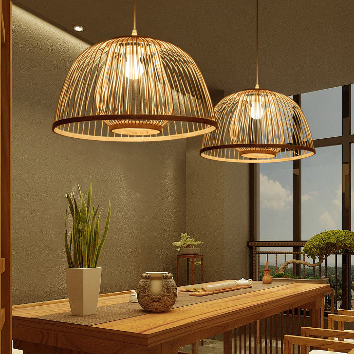 Traditional Japanese Dome Semicircle Bamboo Lampshade 1 - Light Chandelier For Dining Room