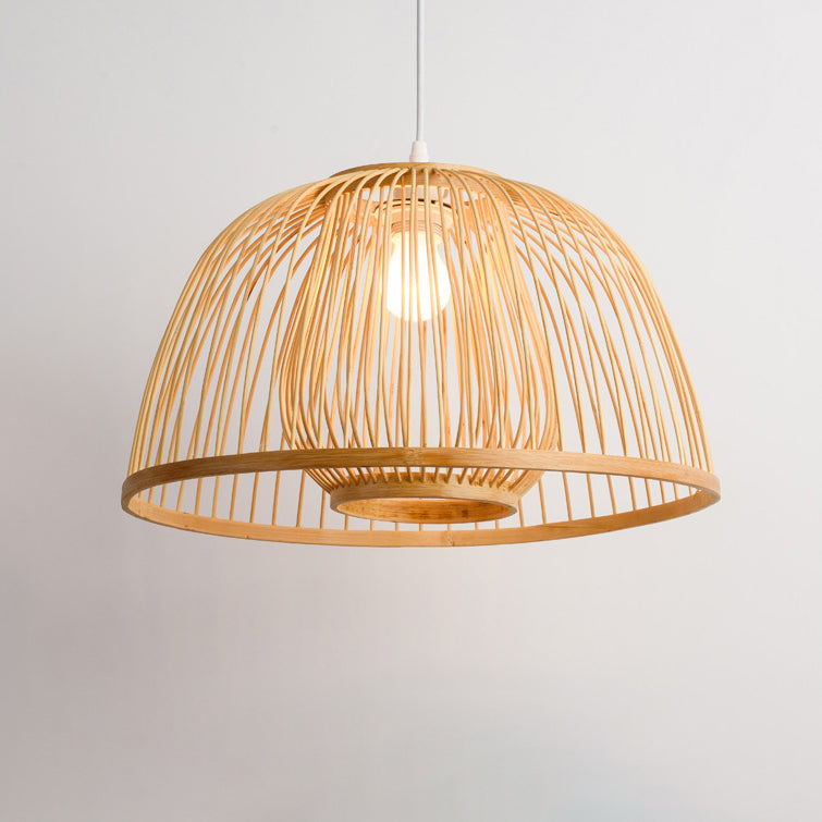 Traditional Japanese Dome Semicircle Bamboo Lampshade 1 - Light Chandelier For Dining Room