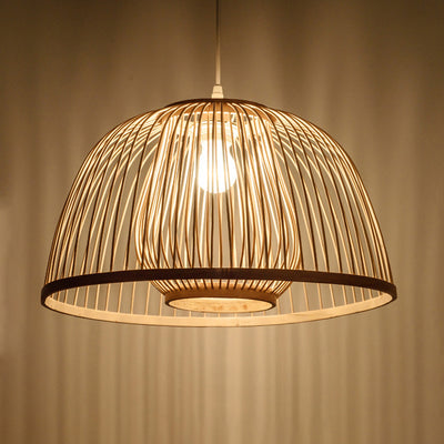 Traditional Japanese Dome Semicircle Bamboo Lampshade 1 - Light Chandelier For Dining Room