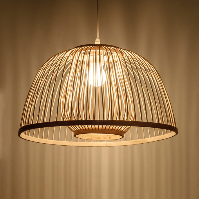 Traditional Japanese Dome Semicircle Bamboo Lampshade 1 - Light Chandelier For Dining Room