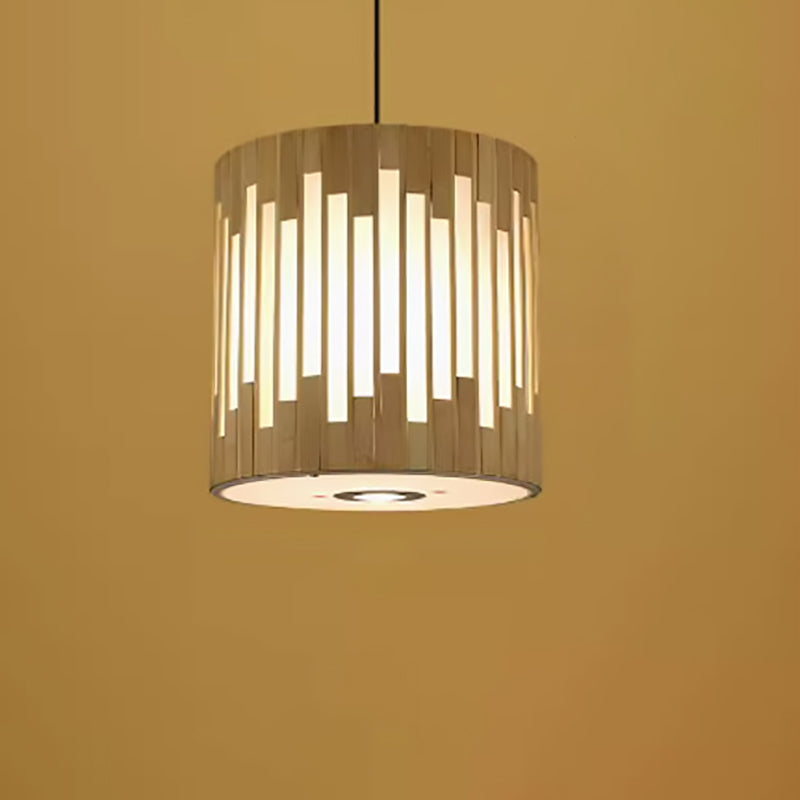 Contemporary Industrial Cylindrical Vertical Lines Bamboo Weaving 1 - Light Pendant Light For Dining Room