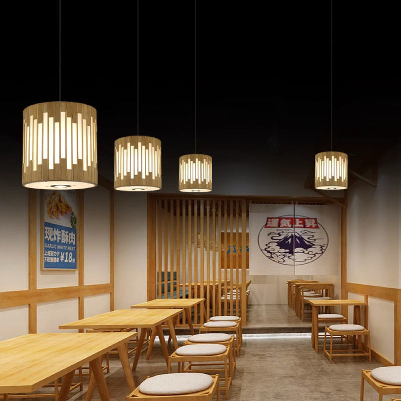 Contemporary Industrial Cylindrical Vertical Lines Bamboo Weaving 1 - Light Pendant Light For Dining Room