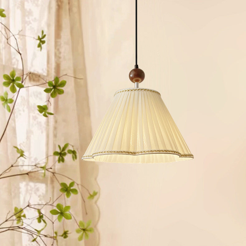 Traditional Japanese Skirt Shape Fabric Lampshade Solid Wood 1 - Light Pendant Light For Living Room