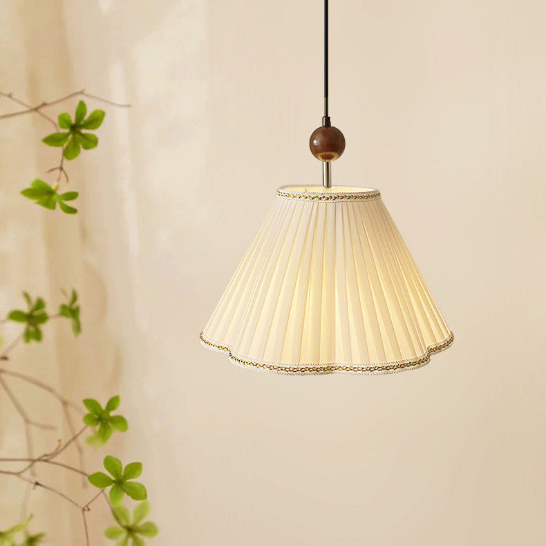 Traditional Japanese Skirt Shape Fabric Lampshade Solid Wood 1 - Light Pendant Light For Living Room