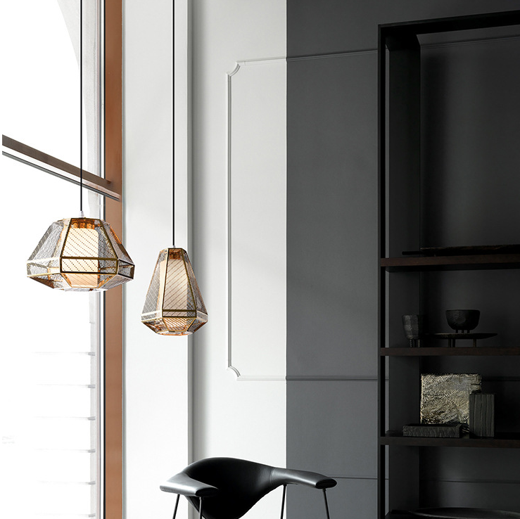 Contemporary Scandinavian Polygonal Cube Hardware Glass Lampshade 1 - Light Pendant Light For Living Room