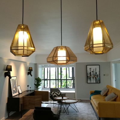 Contemporary Scandinavian Polygonal Cube Hardware Glass Lampshade 1 - Light Pendant Light For Living Room