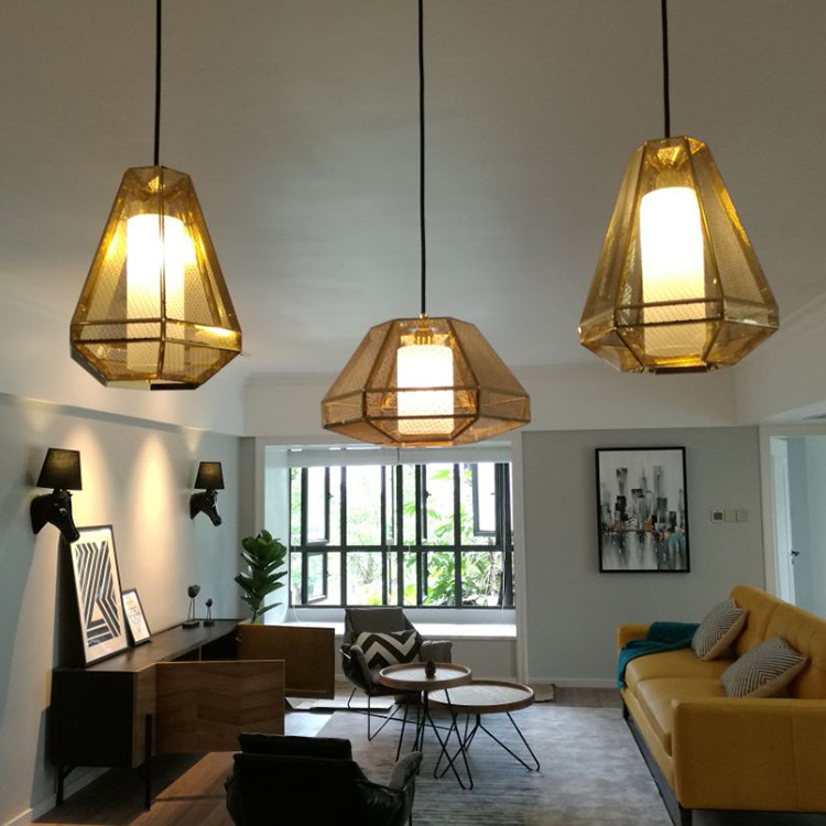 Contemporary Scandinavian Polygonal Cube Hardware Glass Lampshade 1 - Light Pendant Light For Living Room