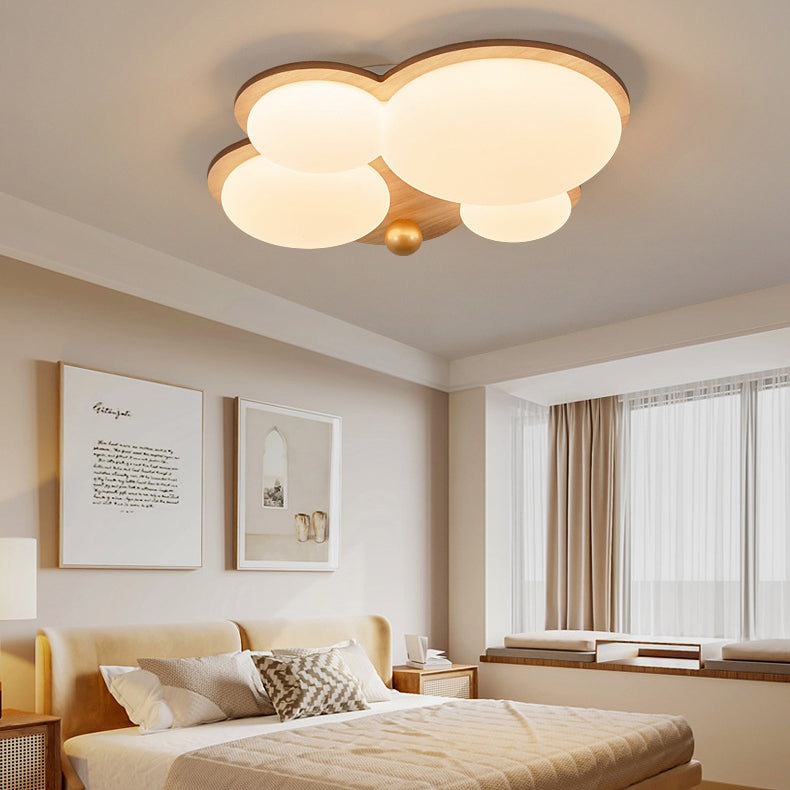 Contemporain Rétro Forme de Nuage Sphère Dorée Bois de Caoutchouc Acrylique Fer Abat-jour LED Plafonnier Semi-Encastré Pour Chambre 