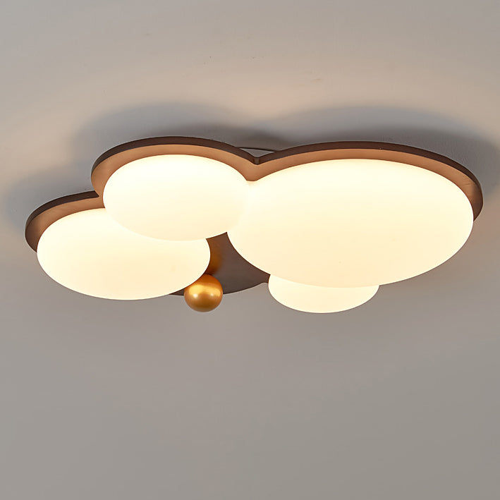 Contemporain Rétro Forme de Nuage Sphère Dorée Bois de Caoutchouc Acrylique Fer Abat-jour LED Plafonnier Semi-Encastré Pour Chambre 