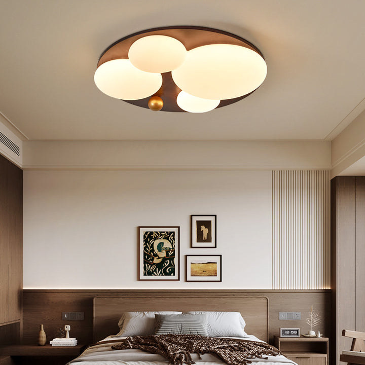 Lustre de plafond semi-encastré à LED avec abat-jour en fer, acrylique, bois de caoutchouc, sphère dorée ronde rétro contemporaine pour chambre 