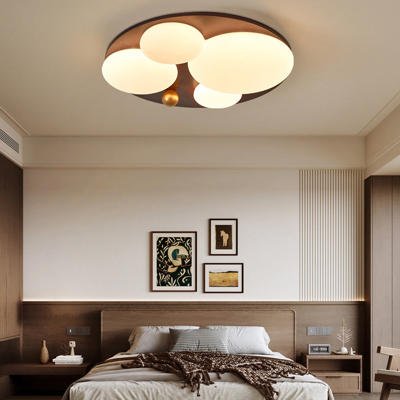 Contemporary Retro Round Golden Sphere Rubber Wood Acrylic Iron Lampshade LED Semi-Flush Mount Ceiling Light For Bedroom