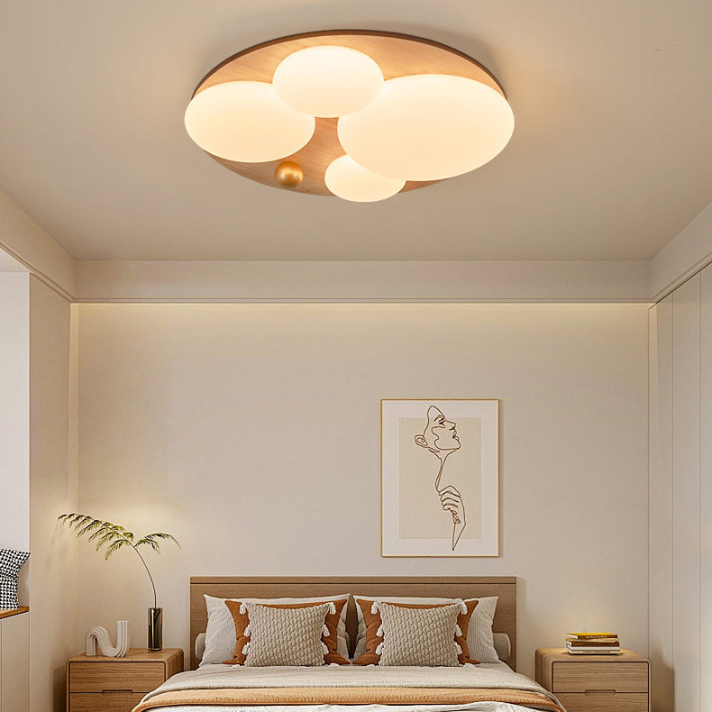 Contemporary Retro Round Golden Sphere Rubber Wood Acrylic Iron Lampshade LED Semi-Flush Mount Ceiling Light For Bedroom