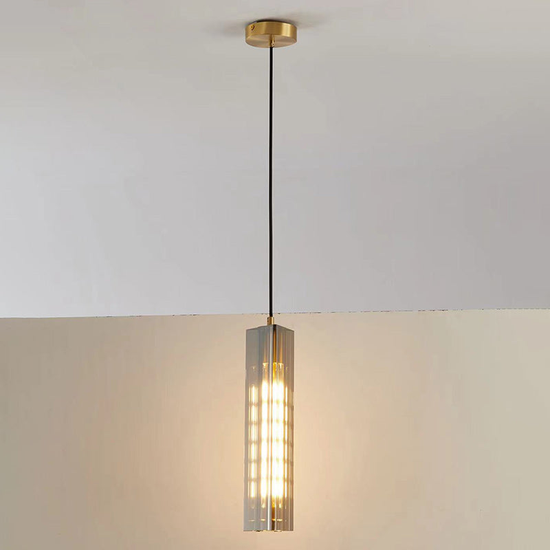 Contemporary Scandinavian Cuboid Copper Crystal Lampshade 1 - Light Pendant Light For Dining Room