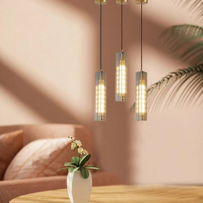 Contemporary Scandinavian Cuboid Copper Crystal Lampshade 1 - Light Pendant Light For Dining Room
