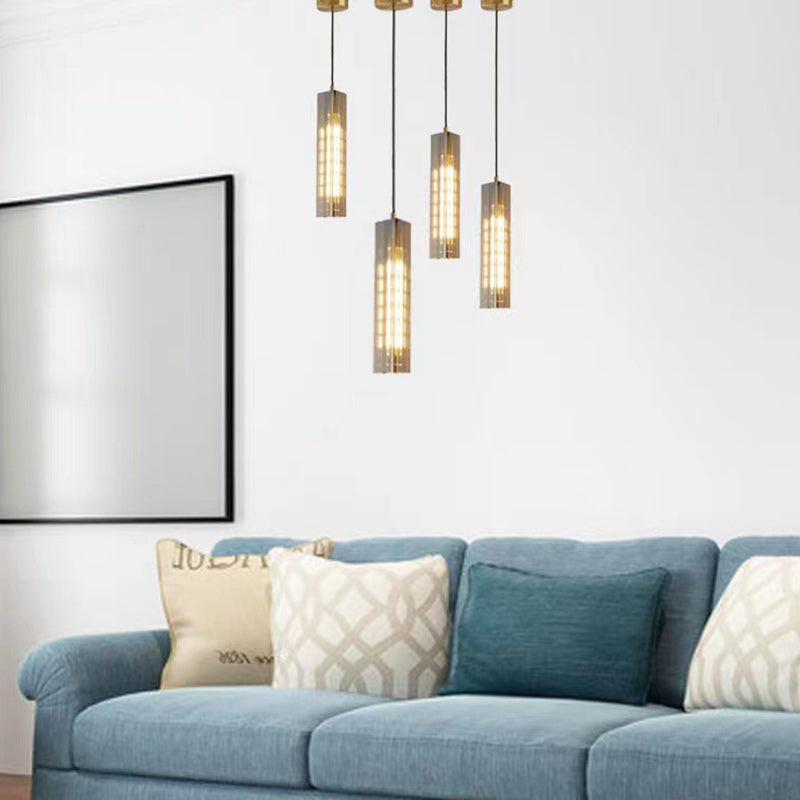 Contemporary Scandinavian Cuboid Copper Crystal Lampshade 1 - Light Pendant Light For Dining Room