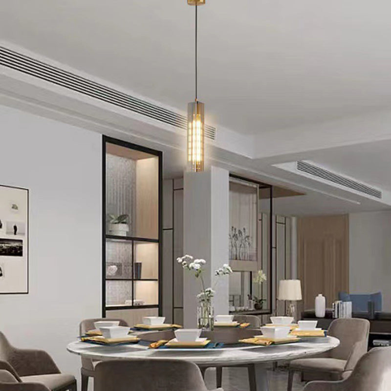 Contemporary Scandinavian Cuboid Copper Crystal Lampshade 1 - Light Pendant Light For Dining Room