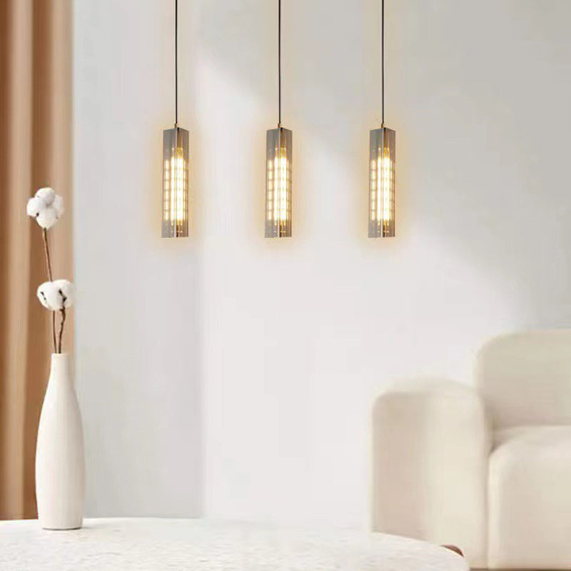 Contemporary Scandinavian Cuboid Copper Crystal Lampshade 1 - Light Pendant Light For Dining Room