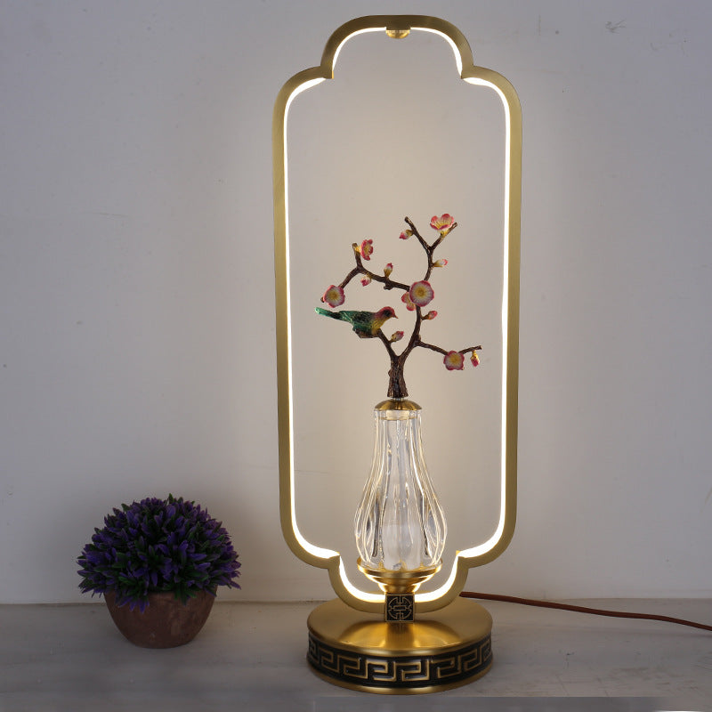 Lámpara de mesa LED con base redonda de cobre, resina de cristal, ciervo, urraca y calabaza china tradicional para dormitorio 