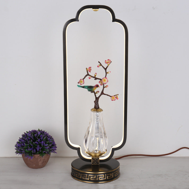Lámpara de mesa LED con base redonda de cobre, resina de cristal, ciervo, urraca y calabaza china tradicional para dormitorio 