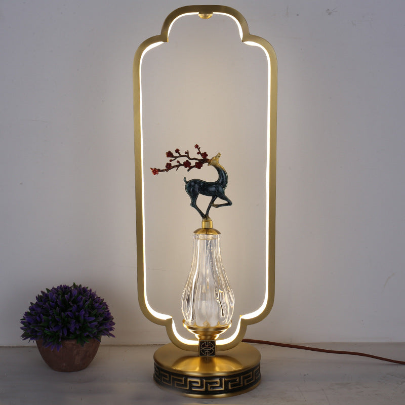 Lámpara de mesa LED con base redonda de cobre, resina de cristal, ciervo, urraca y calabaza china tradicional para dormitorio 