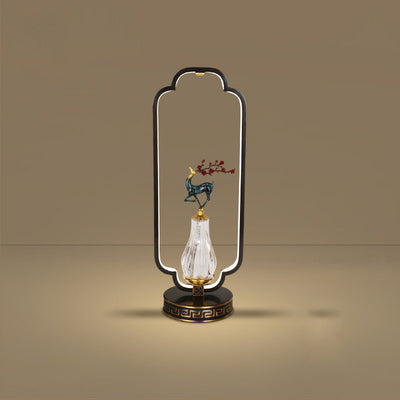 Lámpara de mesa LED con base redonda de cobre, resina de cristal, ciervo, urraca y calabaza china tradicional para dormitorio 