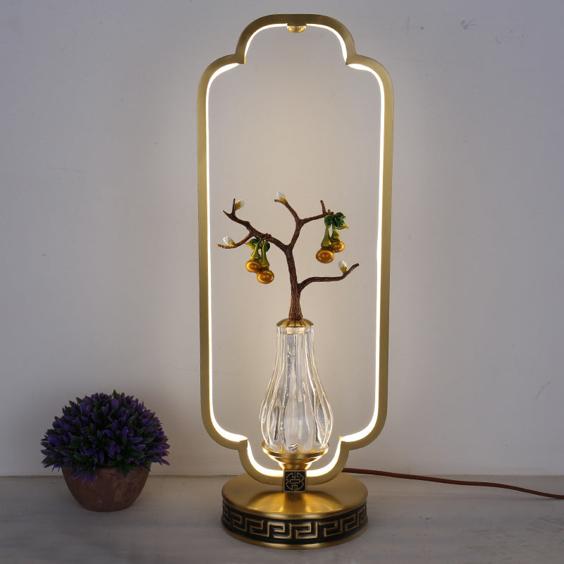 Lámpara de mesa LED con base redonda de cobre, resina de cristal, ciervo, urraca y calabaza china tradicional para dormitorio 