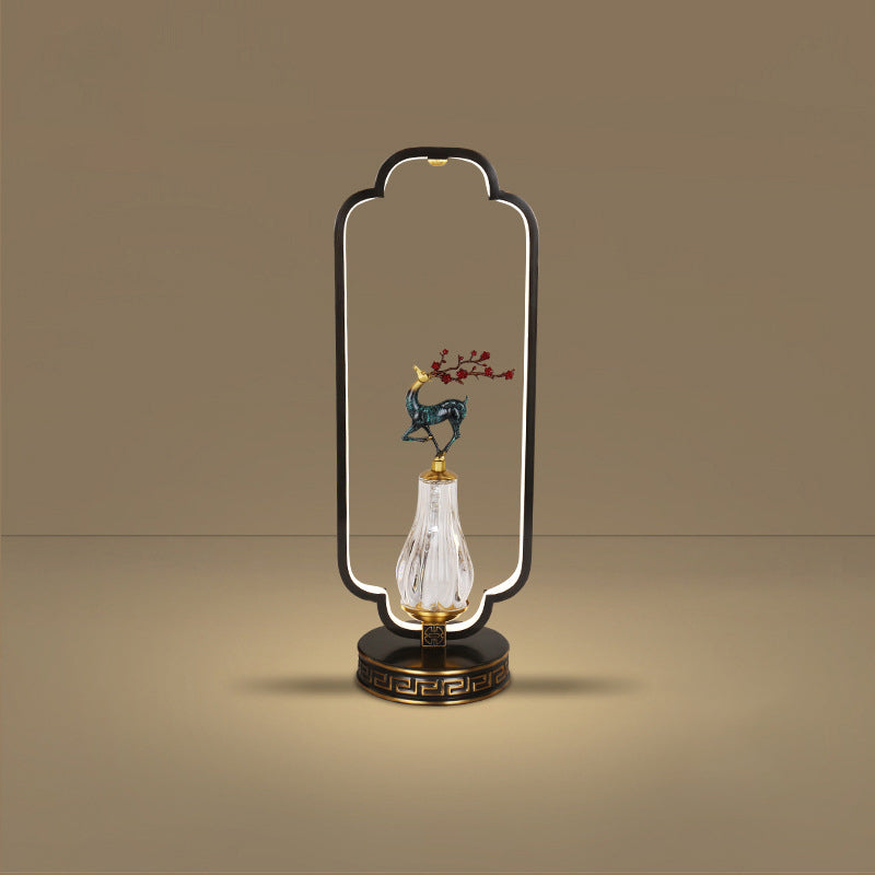 Lámpara de mesa LED con base redonda de cobre, resina de cristal, ciervo, urraca y calabaza china tradicional para dormitorio 