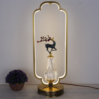 Lámpara de mesa LED con base redonda de cobre, resina de cristal, ciervo, urraca y calabaza china tradicional para dormitorio 