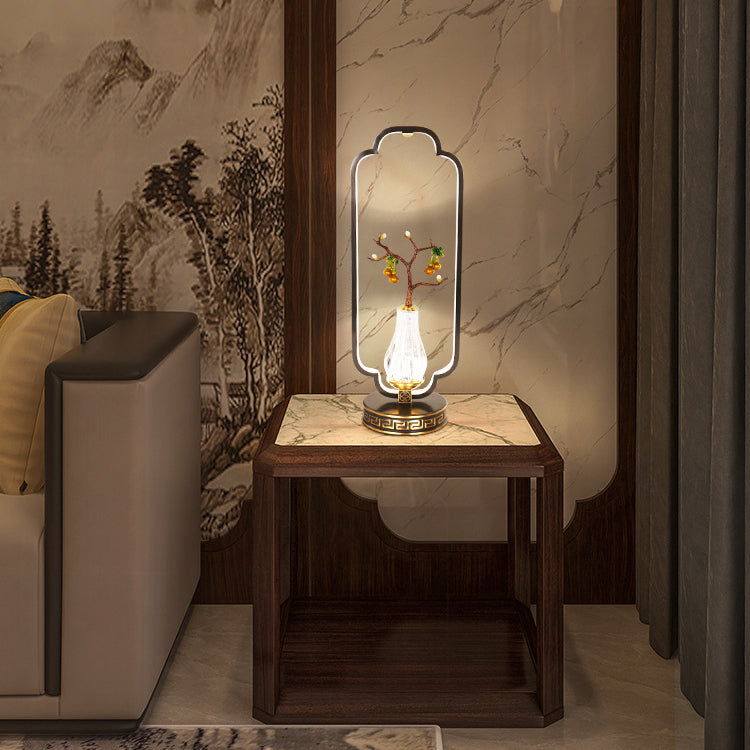 Lámpara de mesa LED con base redonda de cobre, resina de cristal, ciervo, urraca y calabaza china tradicional para dormitorio 