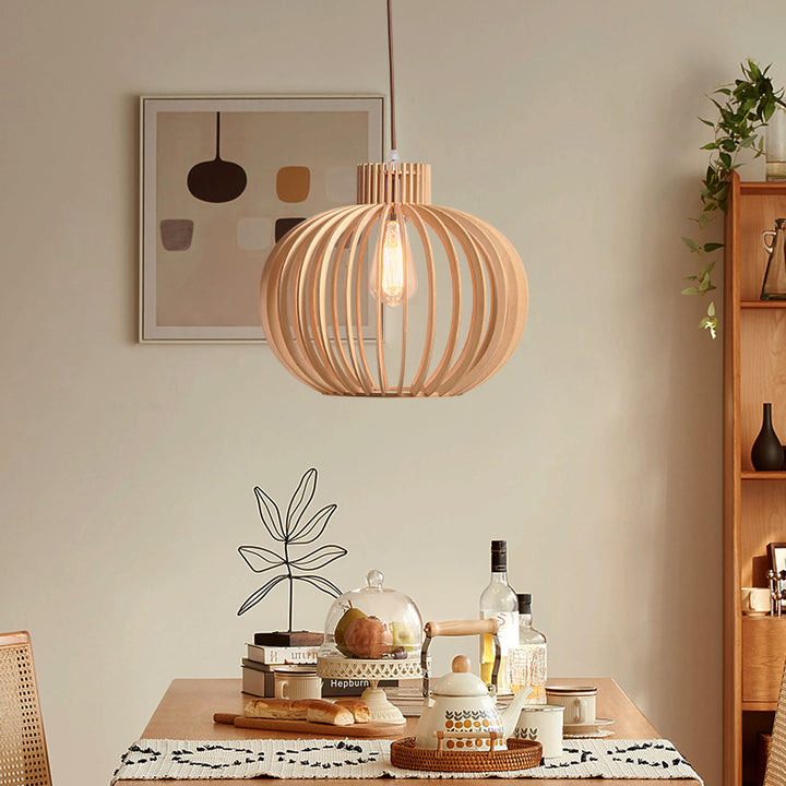 مصباح معلق بإضاءة واحدة بغطاء مصباح خشبي صلب دائري على الطراز الياباني التقليدي لغرفة الطعام 